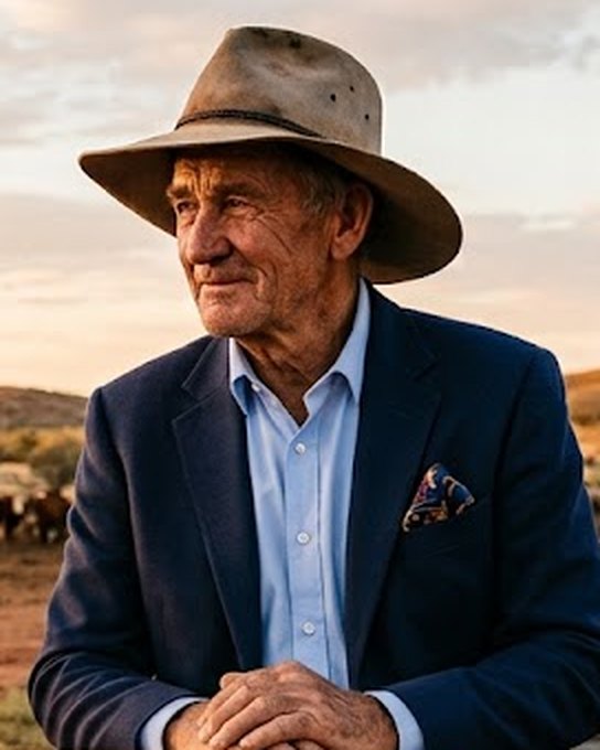 Col: a weathered older man in a sun-worn Akubra, a navy jacket and a pale blue shirt, hands folded, looking off to one side with a half smile, a cattle station behind him at sunset.